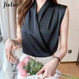 Jielur Womens Tops Blouses Solid Color White Satin Blouse Office Shirt Blusas Sleeveless Women Shirts Black White Female