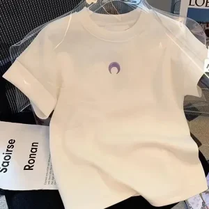 Women's White Moon Print Short Sleeve T-Shirt Summer Casual Round Neck Basic Tee Niche Fashionable and Versatile Top