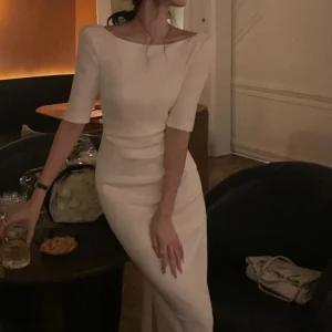 Jielur Korean Style Simple Dress for Women Elegant Midi Bodycon Dress Office Ladies Solid Clothing Femme Fashion Summer Vestidos