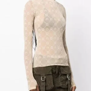 Spring Fashion and Sexy Perspective Women's Pullover Mesh T-Shirt New Semi High Neck Long Sleeved Slim Fit Elastic Women T-Shirt