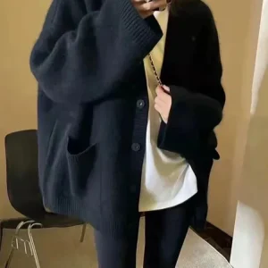 Korean Black Chic V-Neck Single Breasted Knitted Women Cardigan New Fashion Pure Color Long Sleeves Loose Casual Female Cardigan