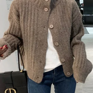 Jielur Winter New Loose Simple Women Cardigan Casual Fashion Knitted Cardigan Woman White Grey Camel Black Street Chic Sweaters