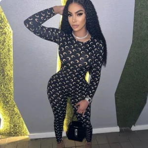 Womens Jumpsuit American Retro Slim Fit Sexy Moon Print Long Sleeve Round Neck Tight Fitting Leggings Versatile Autumn