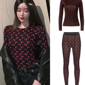 Sweet Two Piece Set Women American Retro Layered Outfit Long Sleeve Moon Print Top Ice Silk Pants Sexy Casual Autumn Fashion